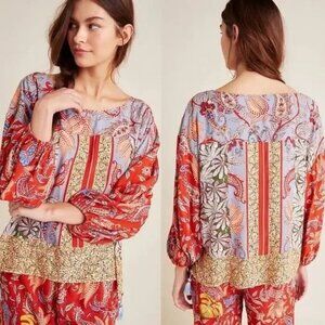 Anthropologie Womens Sonrisa Mixed Print Paisley Boho Tassel Top Blouse Size XS